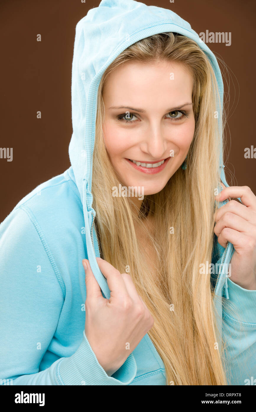 Portrait fashion happy woman wear hood Stock Photo Alamy