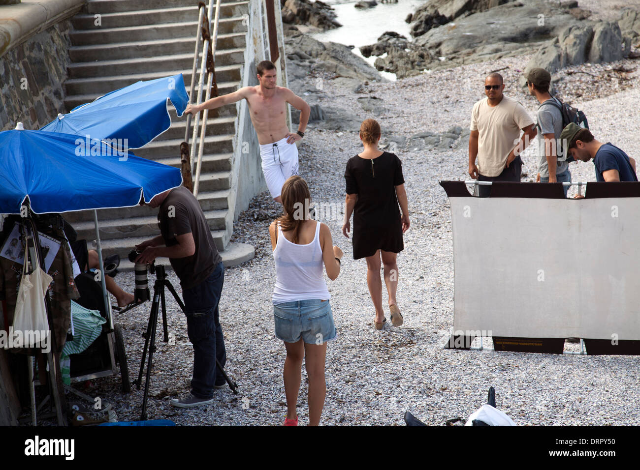 Fashion Shoot Crew on Beach in Sea Point , Cape Town - South Africa Stock Photo