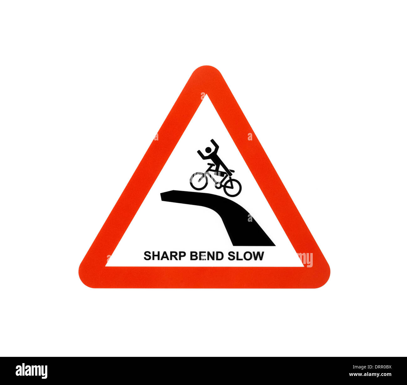 Red Triangle warning sign for cyclists- sharp bend slow down Stock Photo
