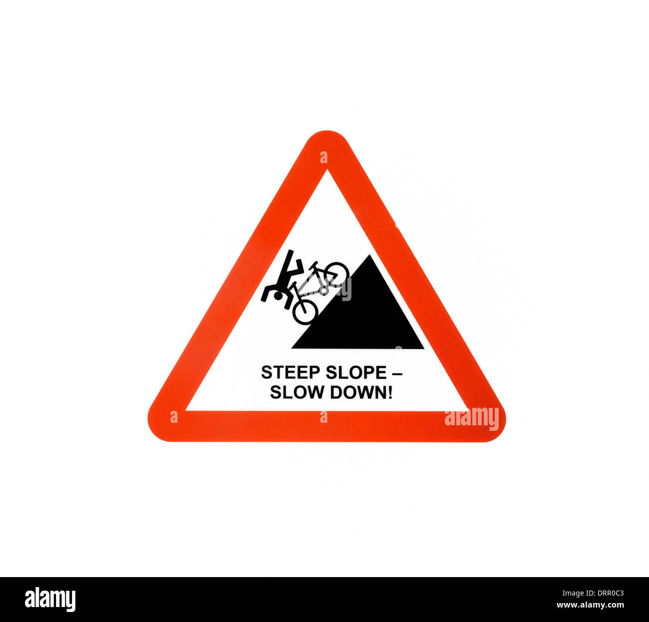 Red Triangle warning sign for cyclists- steep slope slow down Stock Photo