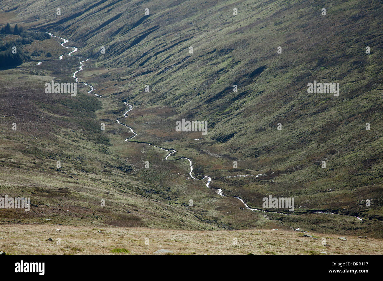View along the Ow River valley from the slopes of Lugnaquilla, Wicklow Mountains, County Wicklow, Ireland. Stock Photo