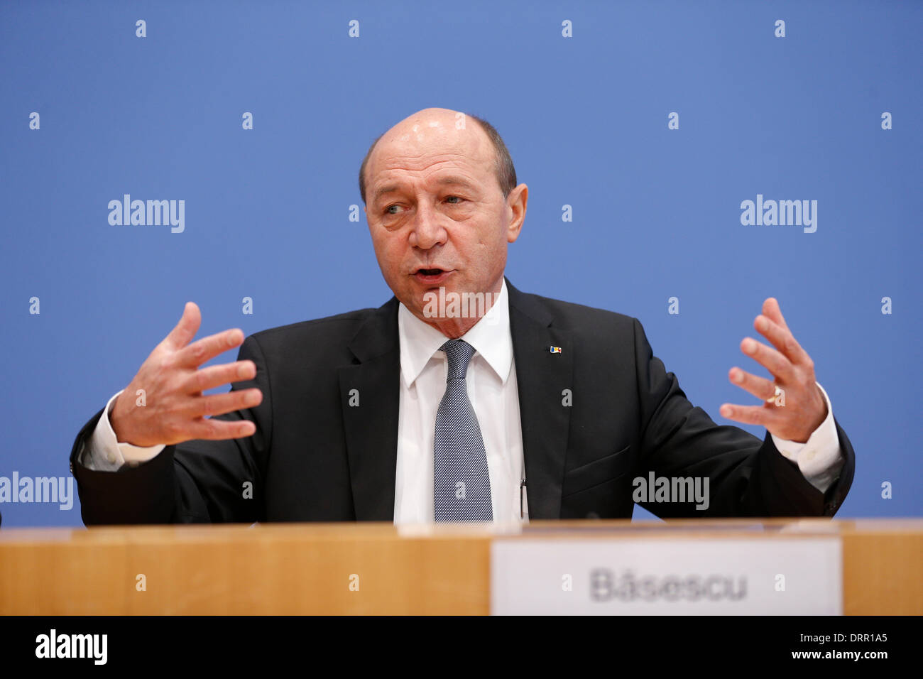 Berlin, Germany. January 31th, 2014. President of Romania, Basescu, gives a press conference at house of the federal press conference in Berlin around the Subjects: ' Partnership Romania - Germany / achievement of Romania as an EU member / regional security questions '. Picture: Traian Basescu, President of Romania. Credit:  Reynaldo Chaib Paganelli/Alamy Live News Stock Photo