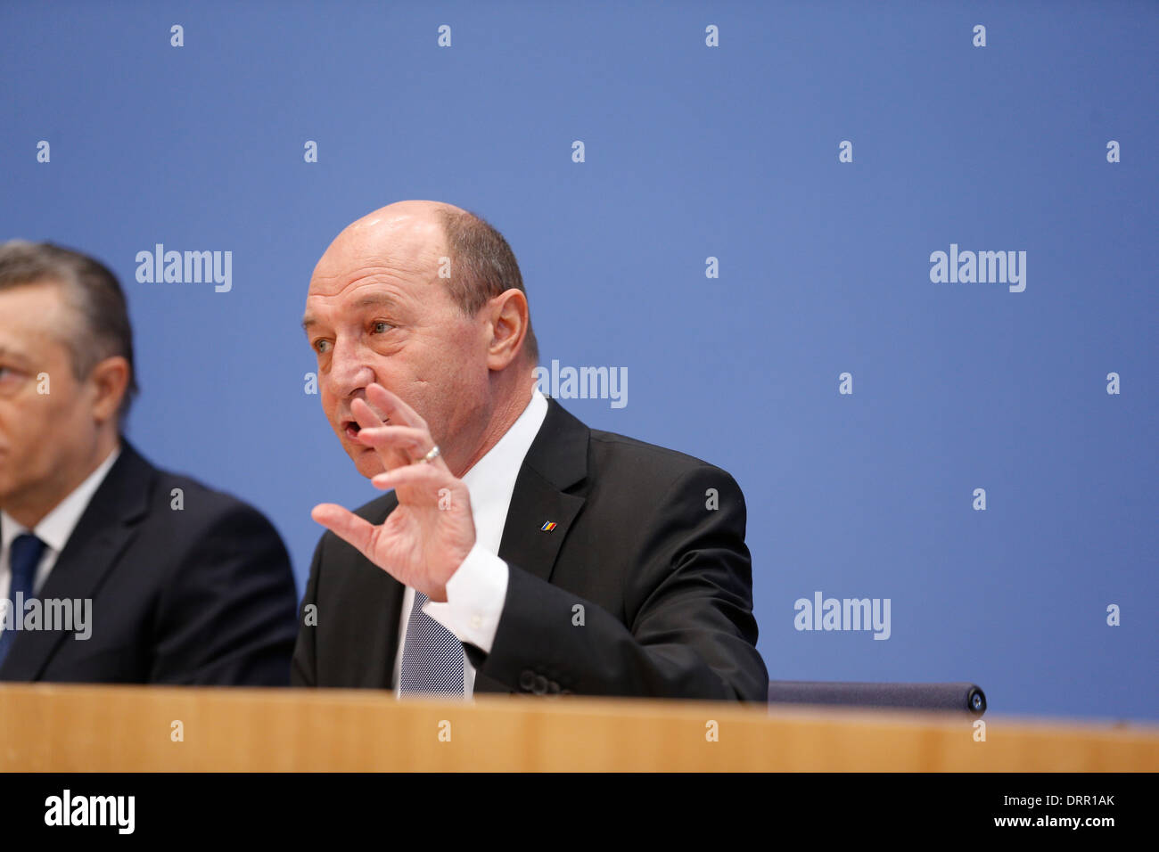 Berlin, Germany. January 31th, 2014. President of Romania, Basescu, gives a press conference at house of the federal press conference in Berlin around the Subjects: ' Partnership Romania - Germany / achievement of Romania as an EU member / regional security questions '. Picture: Traian Basescu, President of Romania. Credit:  Reynaldo Chaib Paganelli/Alamy Live News Stock Photo
