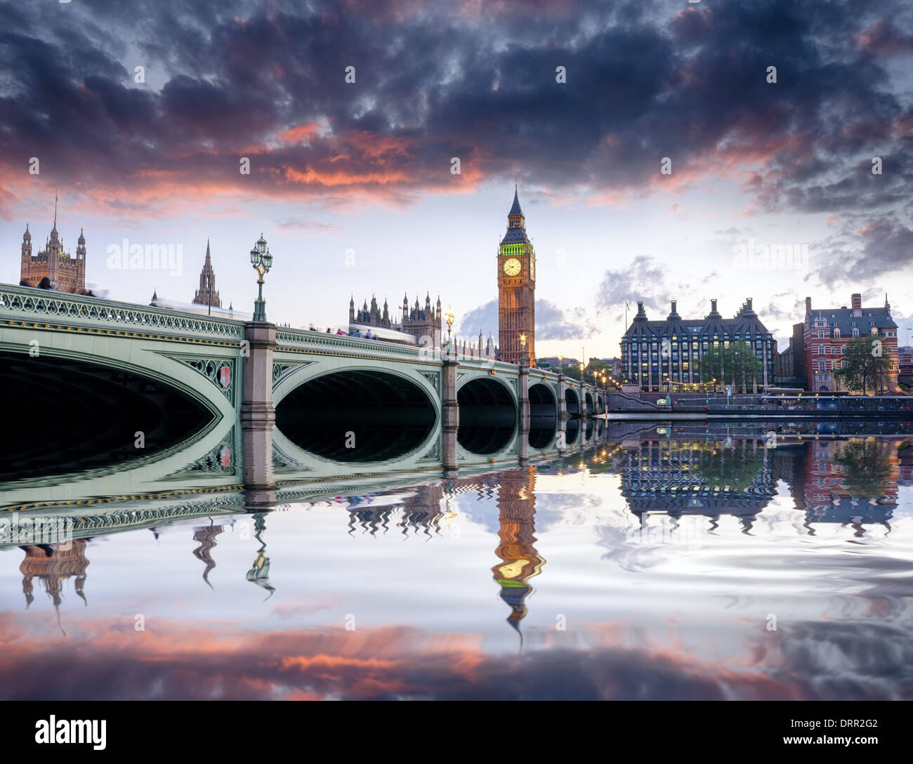 Dusk at Westminster Bridge and Big Ben in London Stock Photo