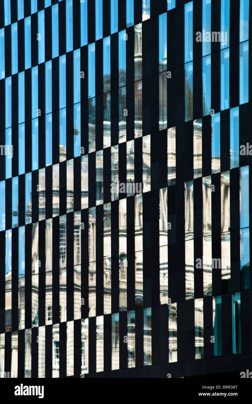 Reflection of Liver Building in mirrored building, Liverpool, England, UK Stock Photo