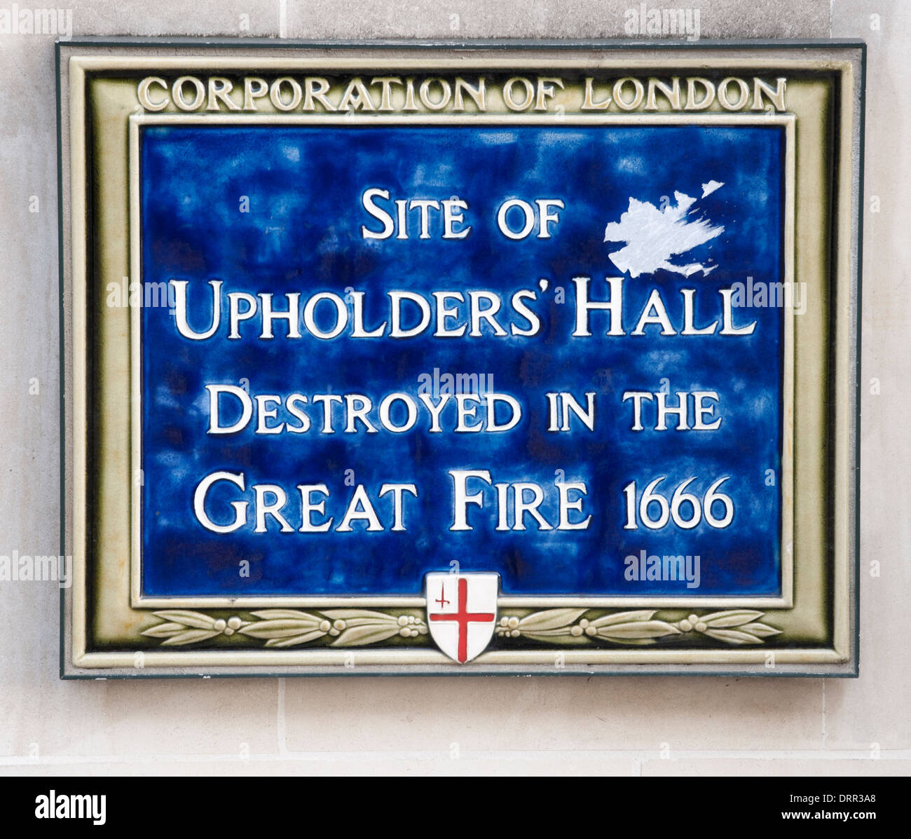 City of London blue plaque at the site of Upholders' Hall, Peter's Hill, London, EC4. Stock Photo