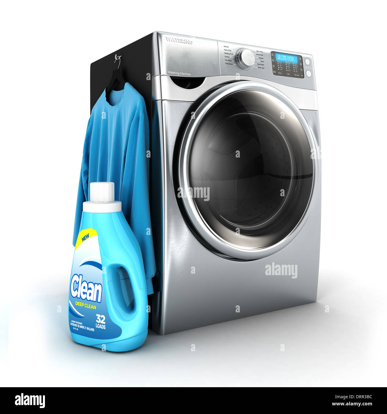 3d washing machine and detergent bottle, isolated white background, 3d image Stock Photo