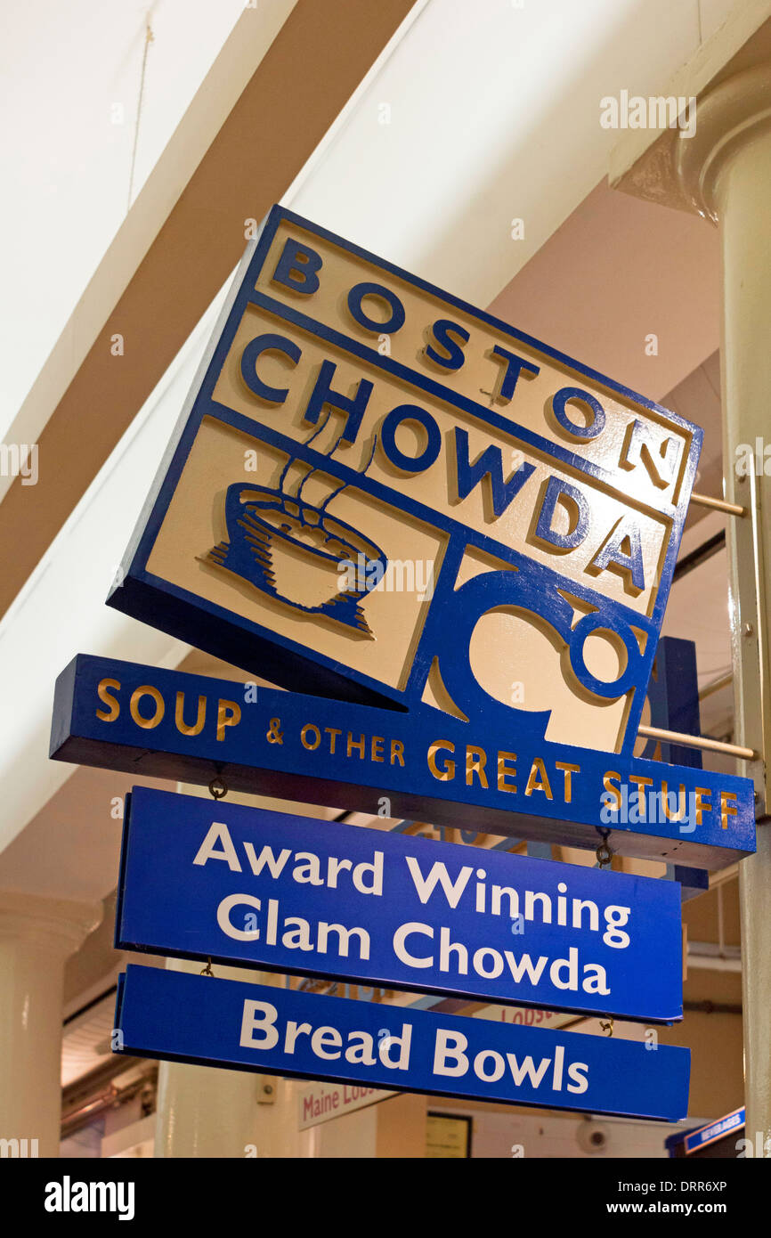 Sign for Boston Chowda stall in Quincy Market, Boston, Faneuil Hall, Massachusetts Stock Photo