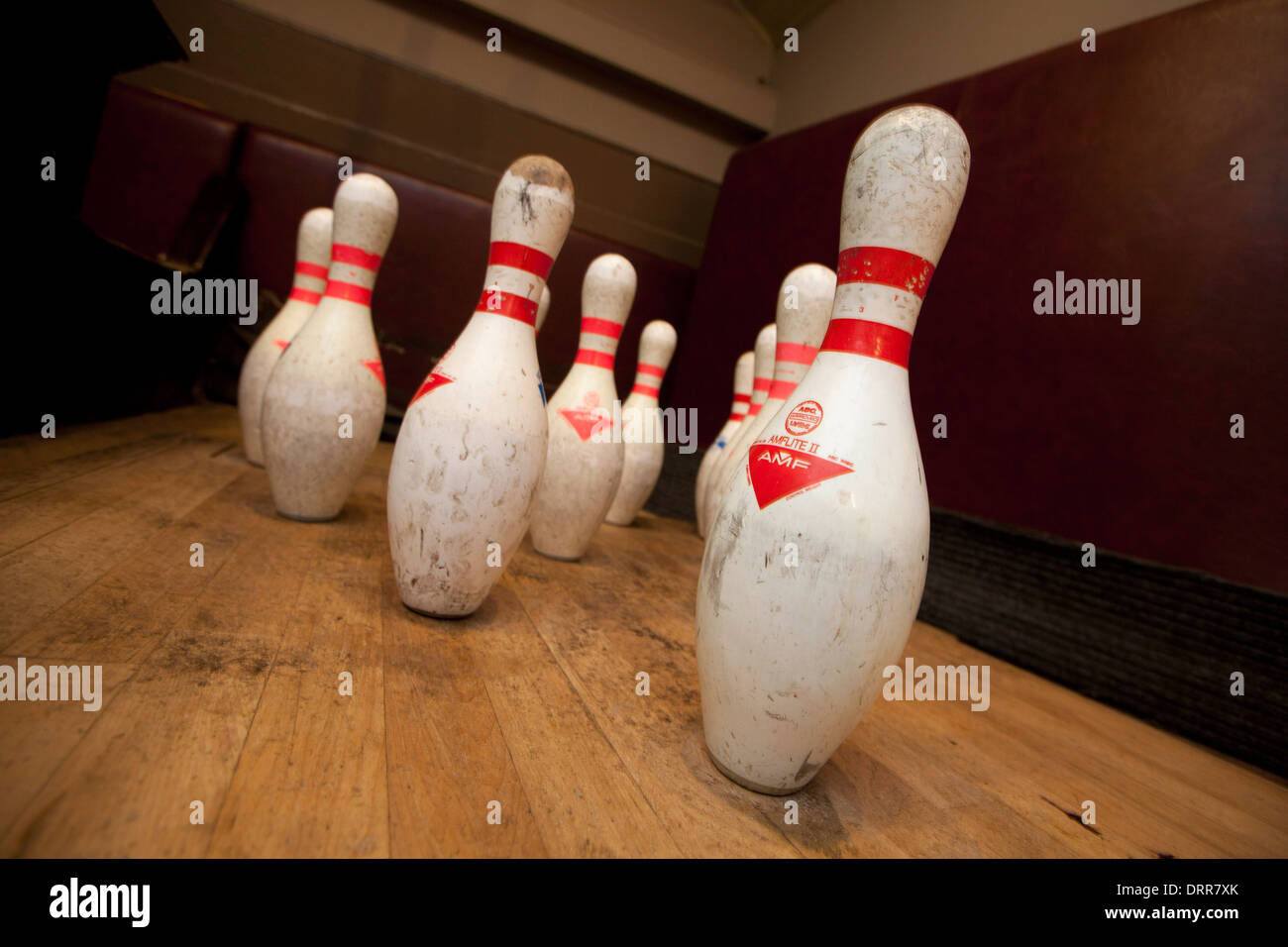 Skittles set up in the bowling alley of the The Sheep Heid Inn, in Duddingston Village, Edinburgh Stock Photo