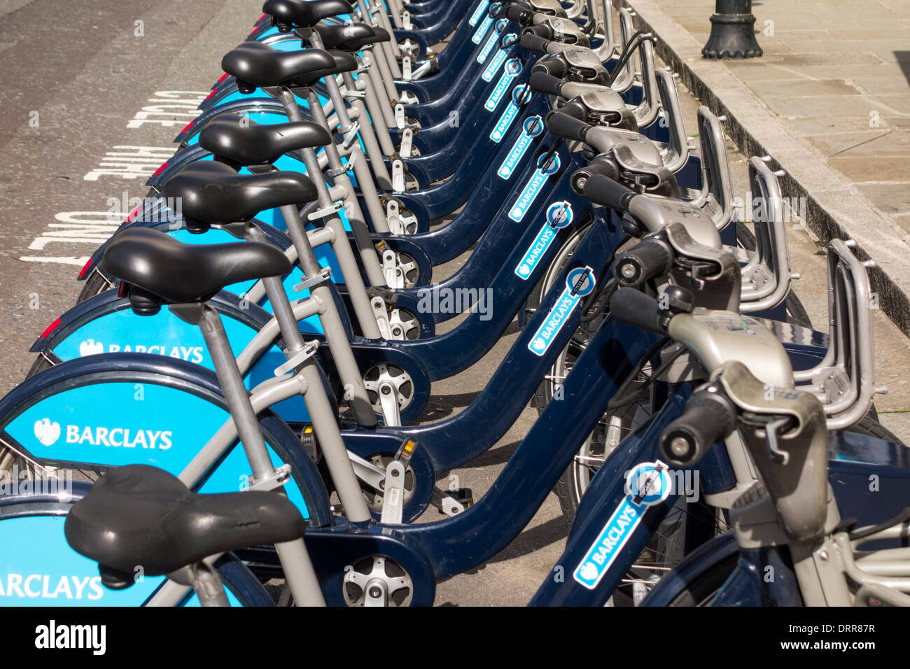 Boris bikes at a docking station, Finsbury Square, London, UK Stock