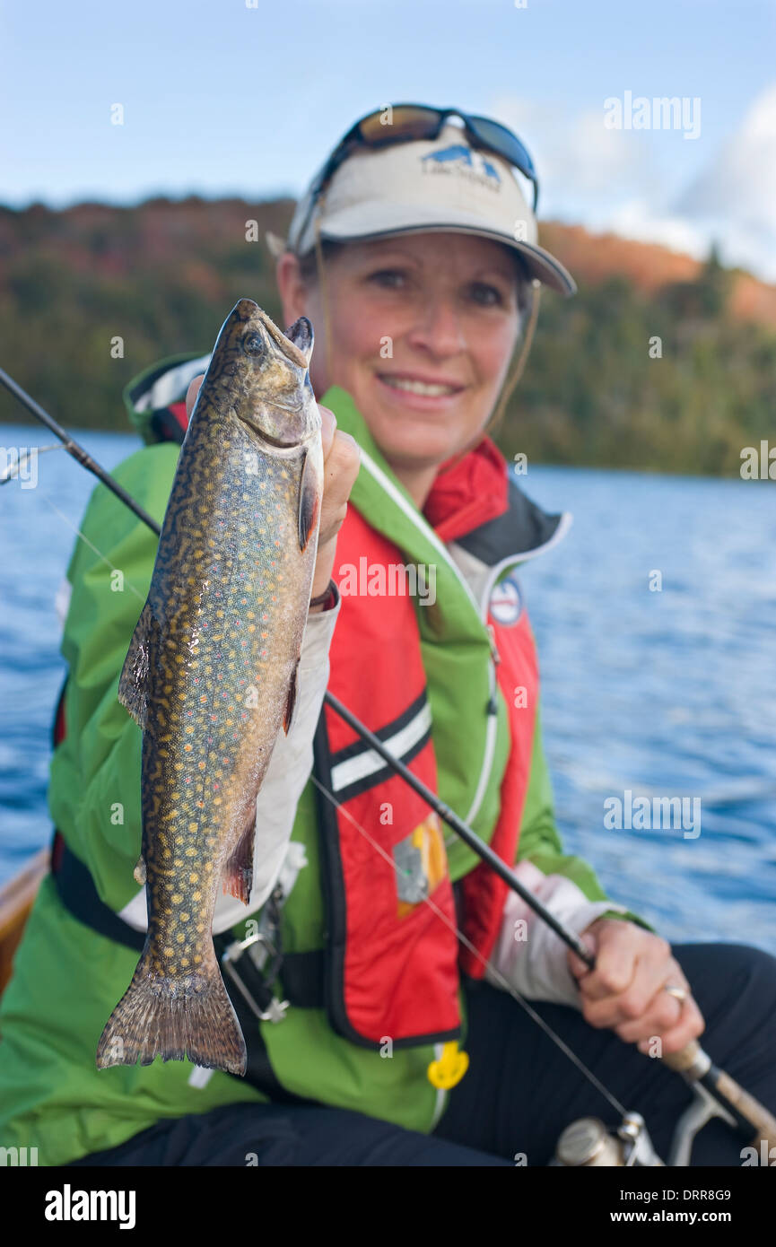 Woman angler holding summer brook trout caught while canoeing in Northern Ontario Stock Photo