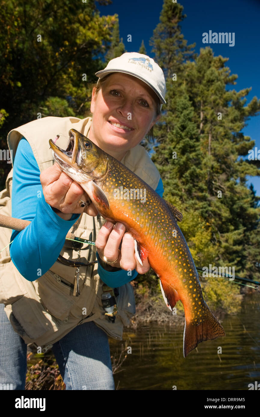 Woman angler holding a summer brook trout she caught in a lake in