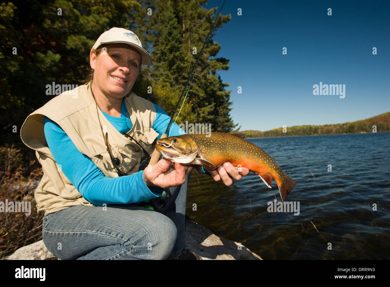 Woman angler holding a summer brook trout she caught in a lake in