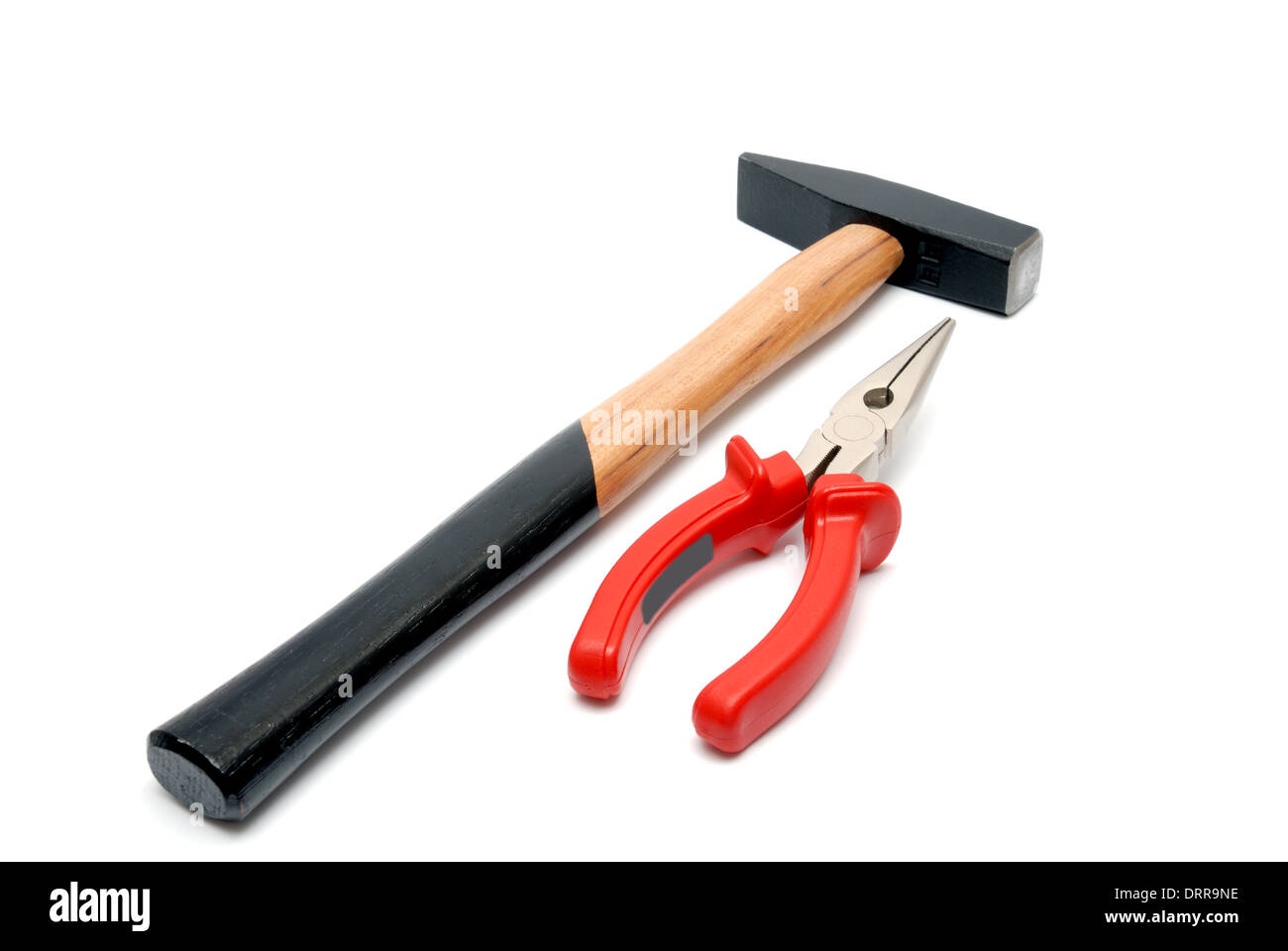 Hammer with wooden handle and flatnose pliers with red handles