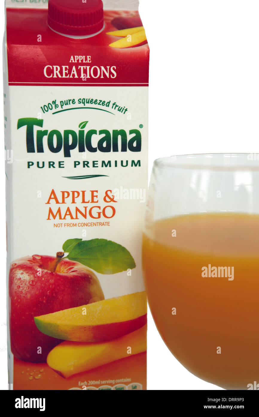 Carton and glass of Tropicana - Apple & Mango flavour juice drink Stock Photo