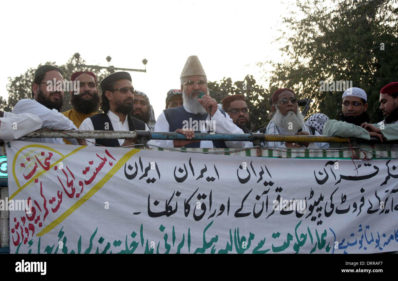 Ahle Sunnat Wal Jamat (Sipah-e-Sahaba) leader, Ahmed Ludhyanvi addresses to protesters during a protest against target killing of their leaders and fellow workers held at M.A Jinnah Road in Karachi on Friday, January 31, 2014. Stock Photo
