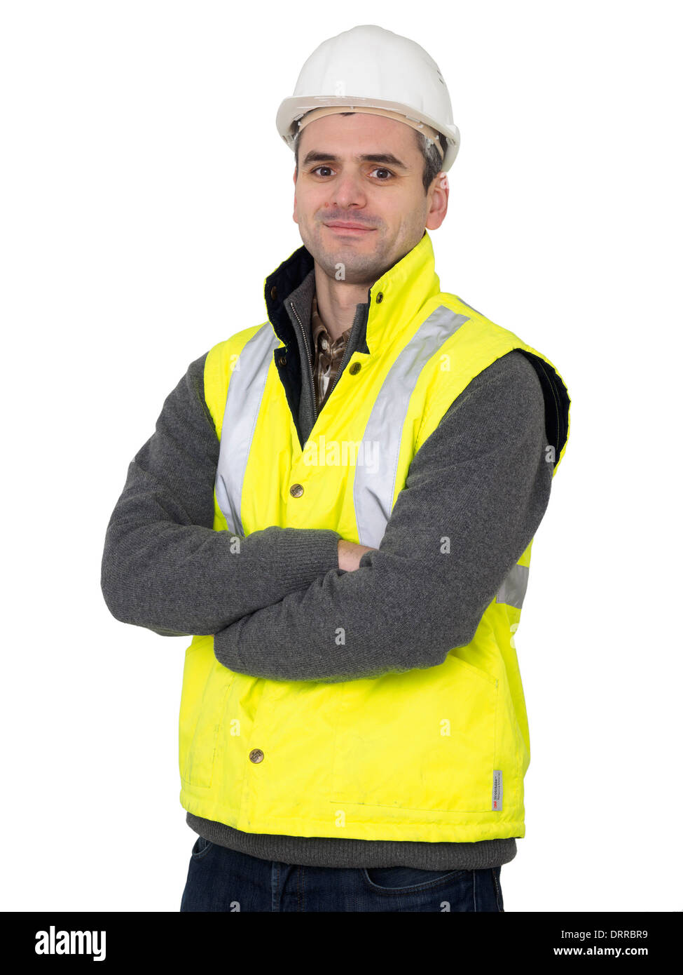 Portrait of engineer with hard hat and yellow reflective safety vest Stock Photo