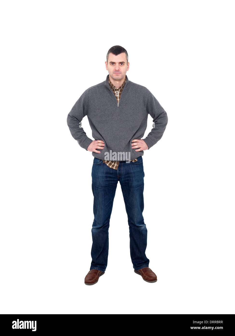Full length portrait of man with hands on hips isolated on white background Stock Photo