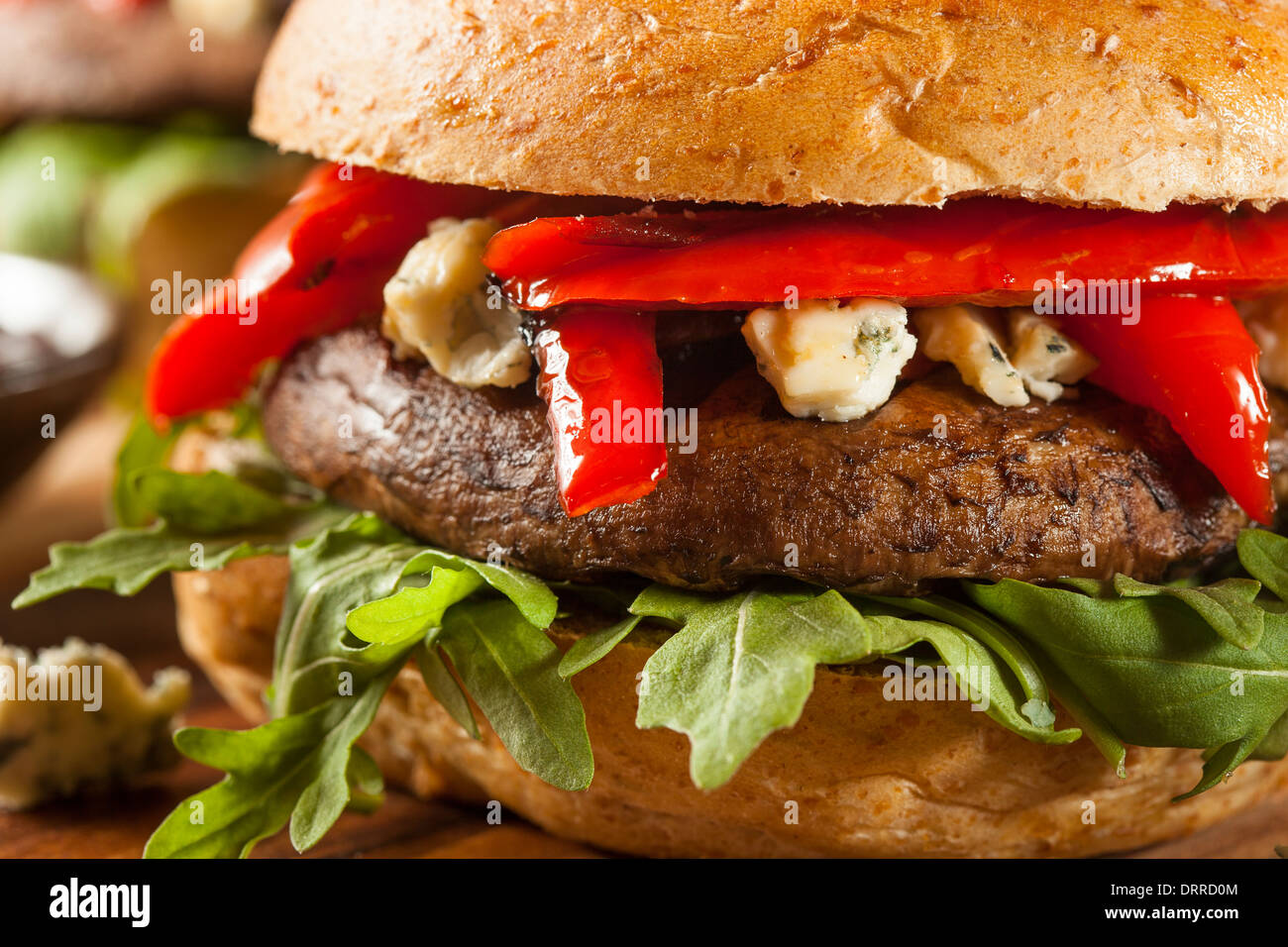Healthy Vegetarian Portobello Mushroom Burger with Cheese and Veggies