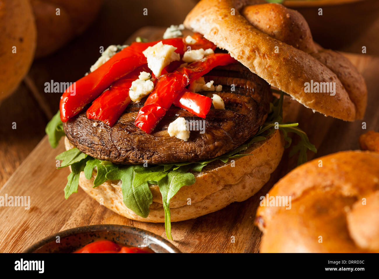 Healthy Vegetarian Portobello Mushroom Burger with Cheese and Veggies