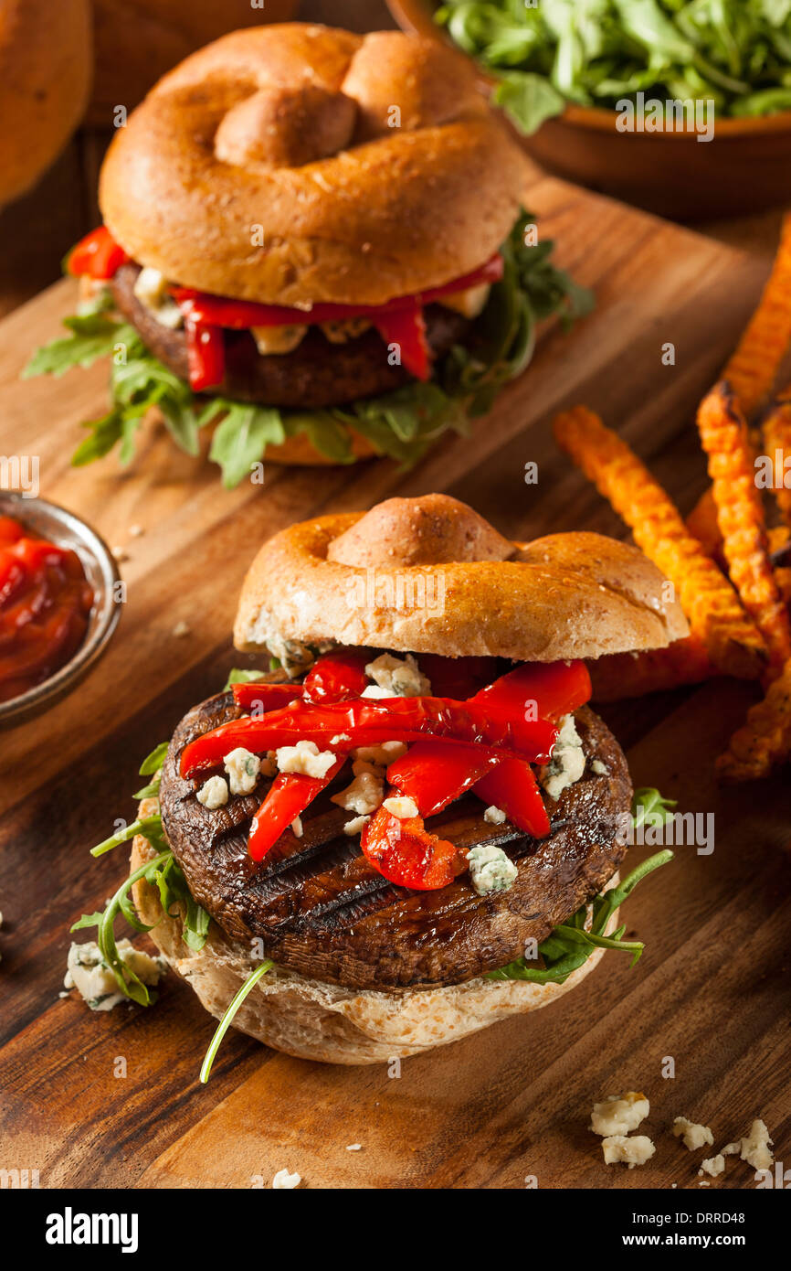 Healthy Vegetarian Portobello Mushroom Burger with Cheese and Veggies