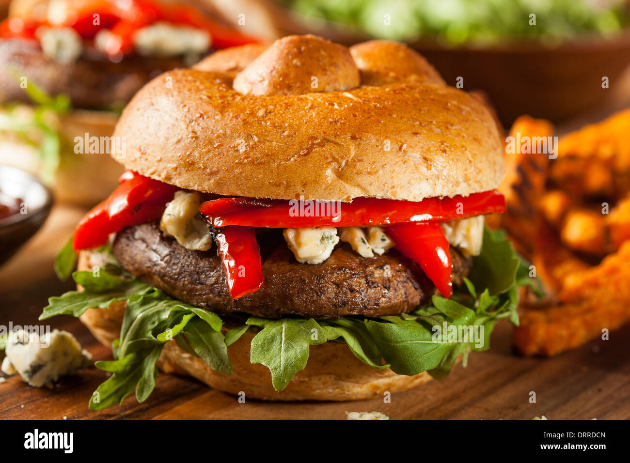Healthy Vegetarian Portobello Mushroom Burger with Cheese and Veggies