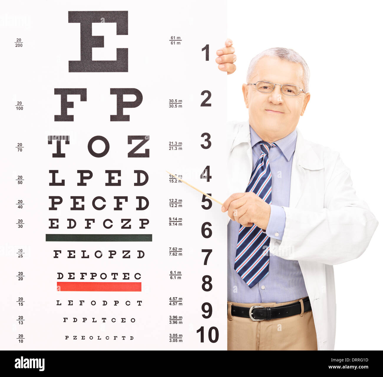 Male optician pointing to an eyesight test with a stick Stock Photo - Alamy