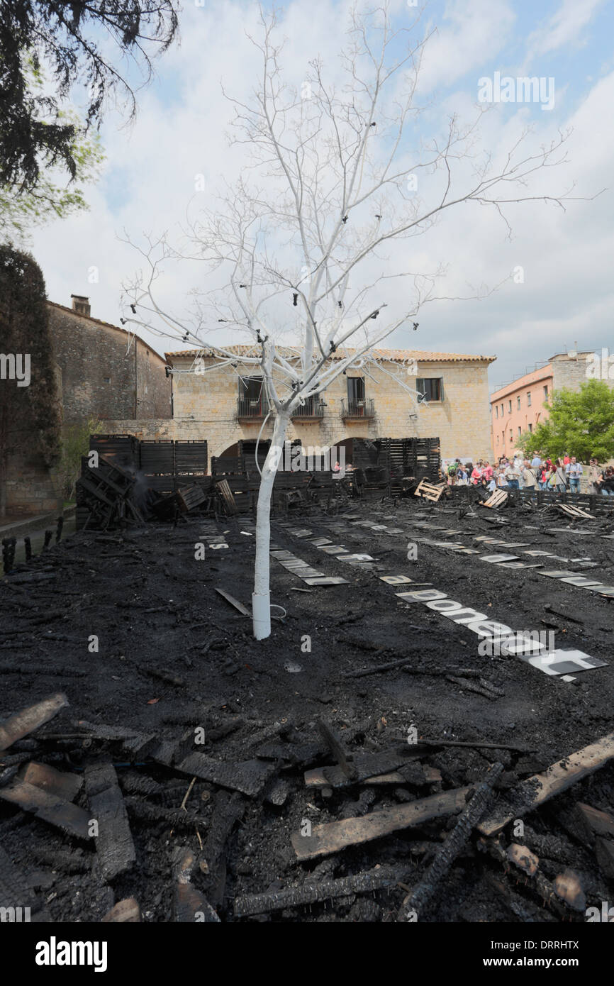 Girona Flower Show - display that was set on fire by arsonists in 2013 and left to be seen by the public as part of the show Stock Photo