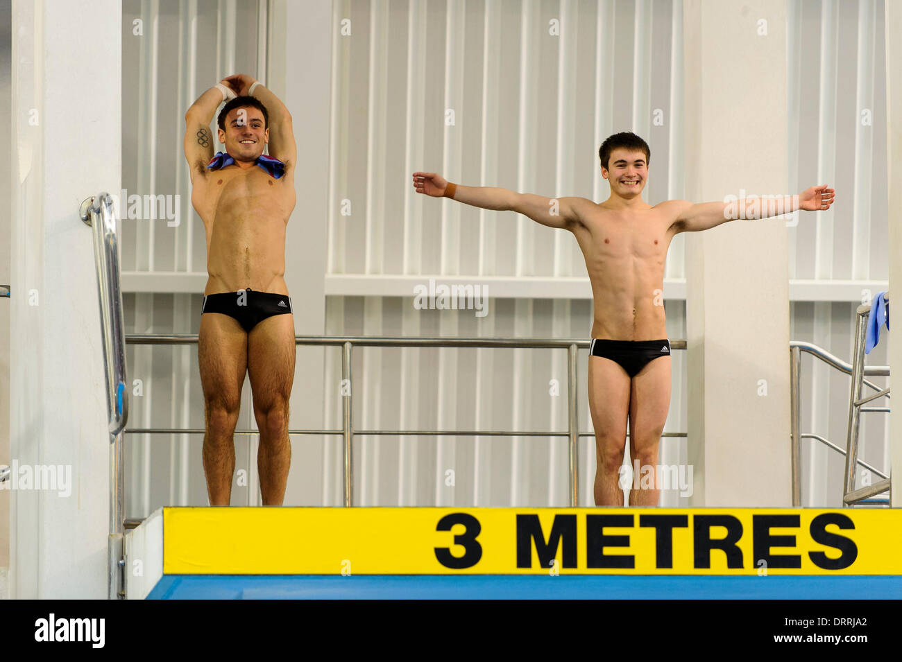 Southend-on-Sea, UK. 31st Jan, 2014. Tom Daley and Daniel Goodfellow of Plymouth Diving are all smiles as they visualise a dive during the Synchronised Mens 3m Springboard Final on Day 1 of the British Gas Diving National Cup 2014 from Southend Swimming and Diving Centre. Credit:  Action Plus Sports/Alamy Live News Stock Photo