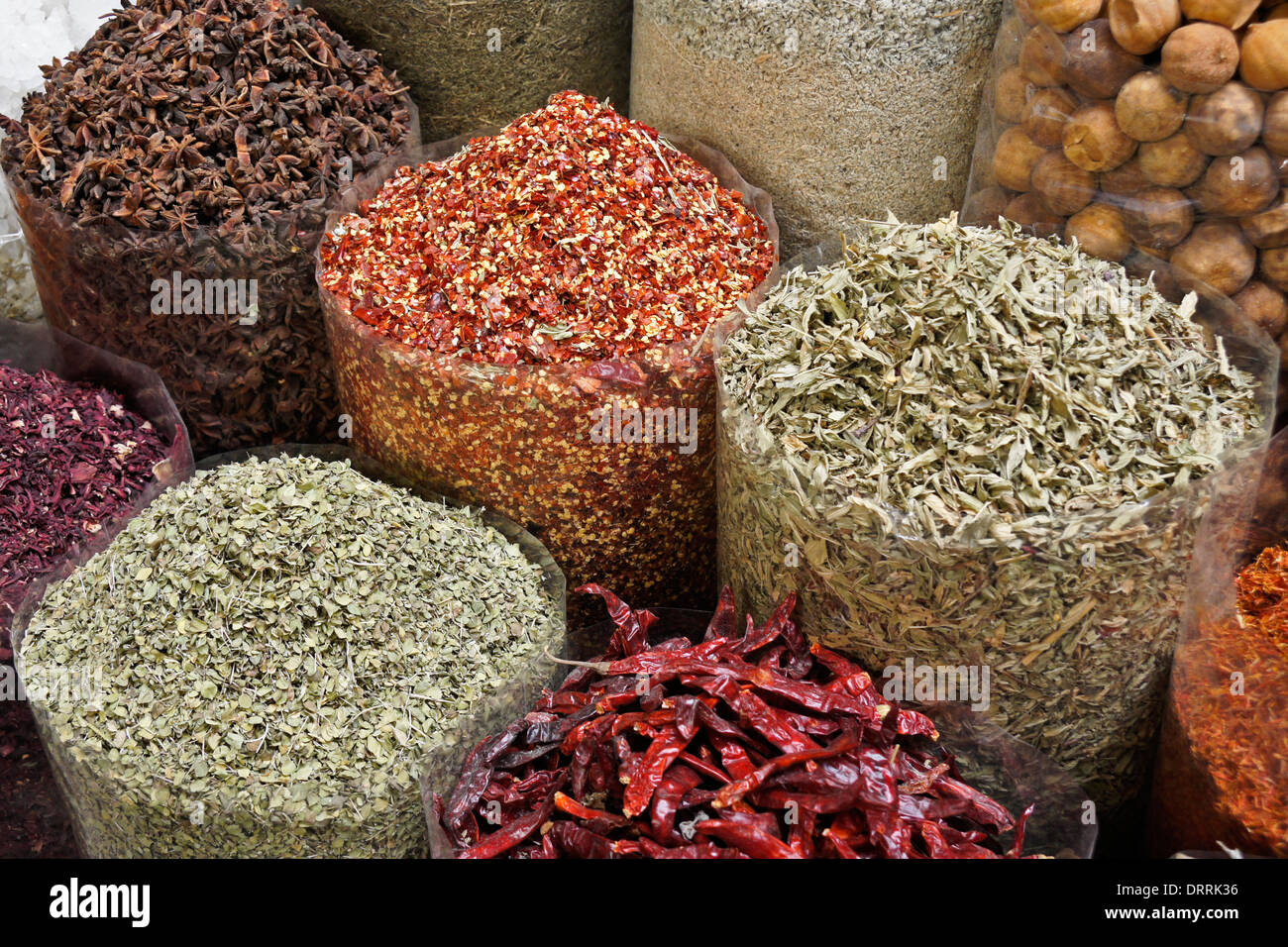 Dried herbs and spices for sale in spice souk, Dubai, United Arab