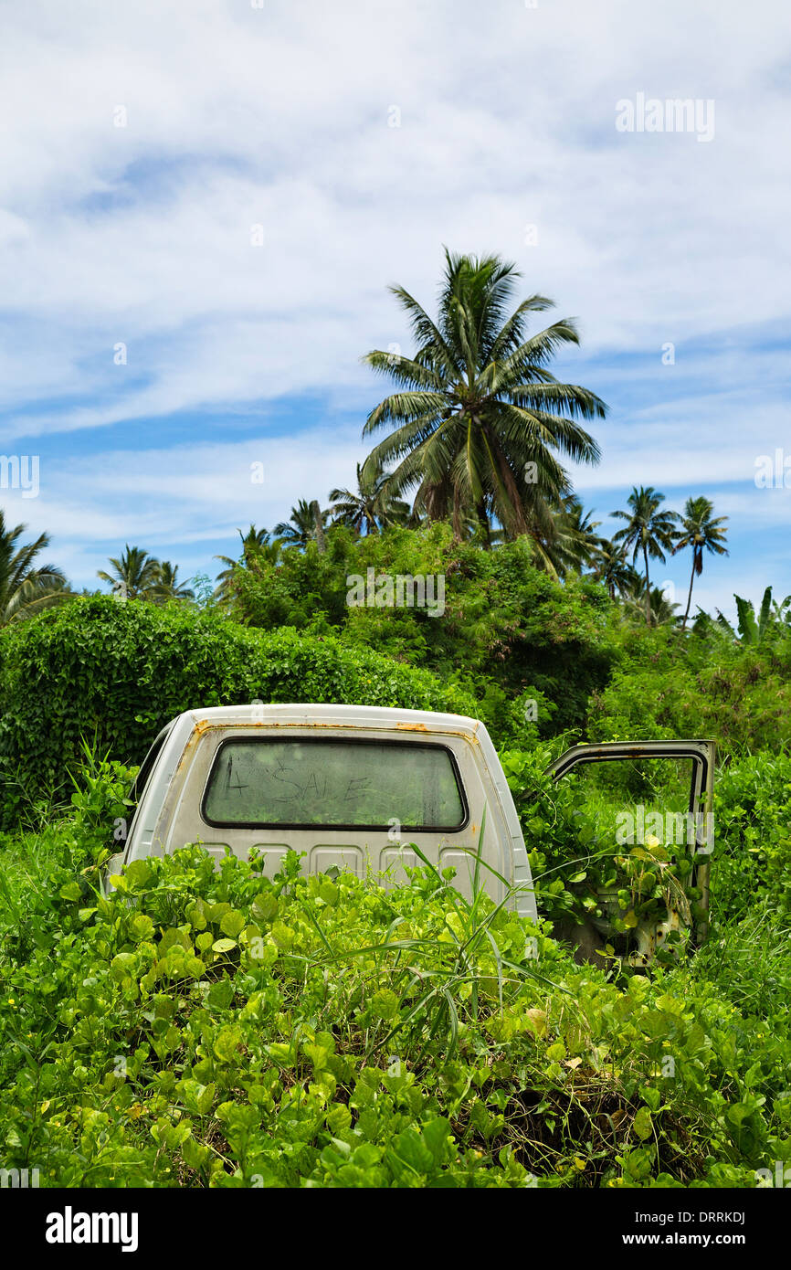 An abandoned rusting car taken over by the tropical vegetation. Rarotonga, Cook Islands, South Pacific. Stock Photo