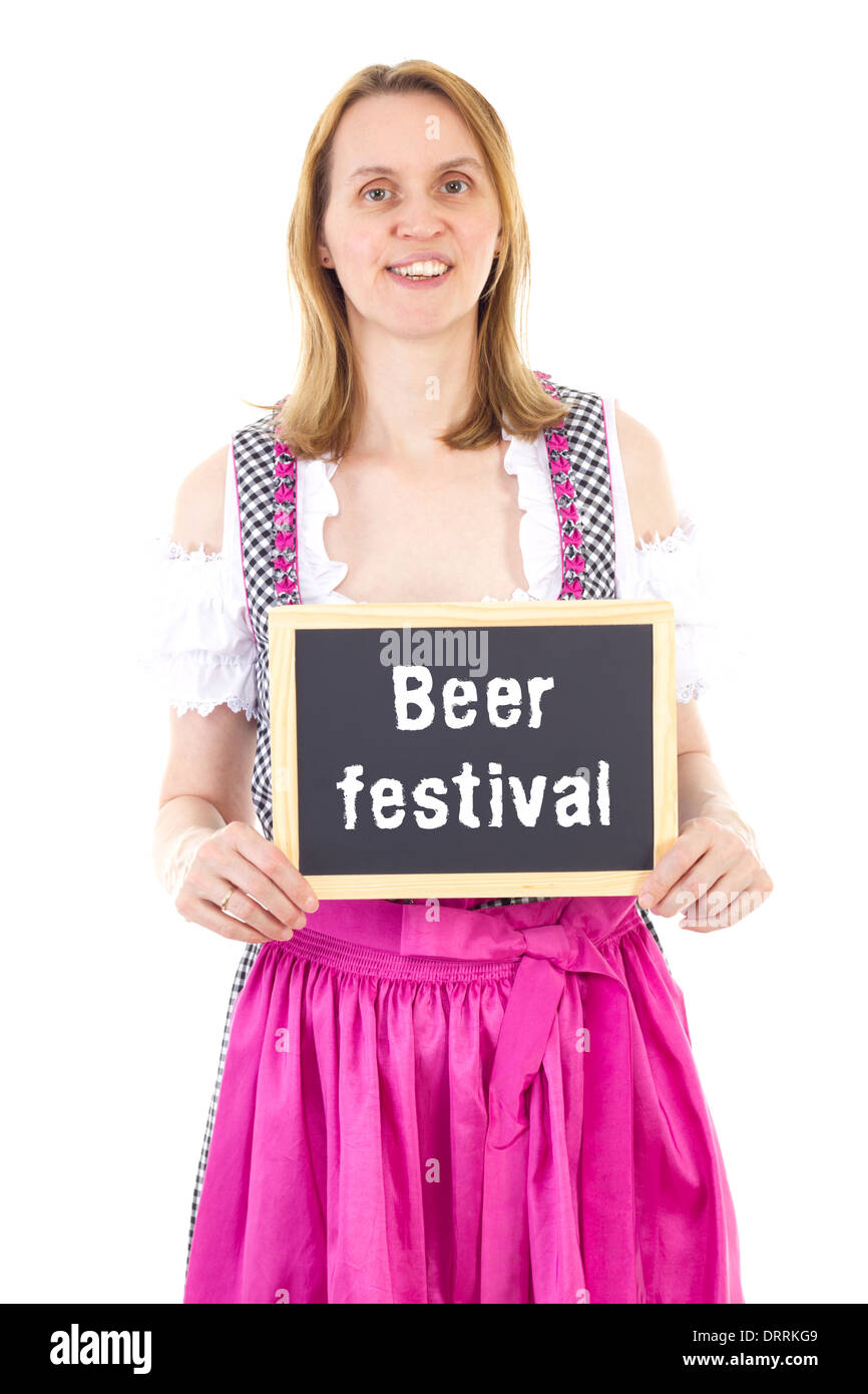 Waitress in dirndl shows blackboard : Beer festival Stock Photo