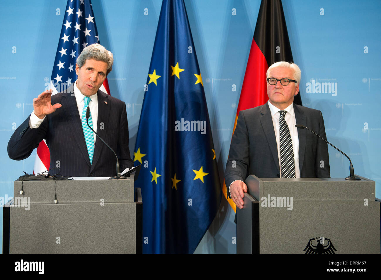 Berlin, Germany. 31st Jan, 2014. U.S. Secretary of State John Kerry (R) and German Foreign Minister Frank-Walter Steinmeier attend a press conference in Berlin, Germany, Jan. 31, 2014. Kerry met with Frank-Walter Steinmeier earlier on Friday before leaving for the Munich Security Conference. Credit:  Goncalo Silva/Xinhua/Alamy Live News Stock Photo