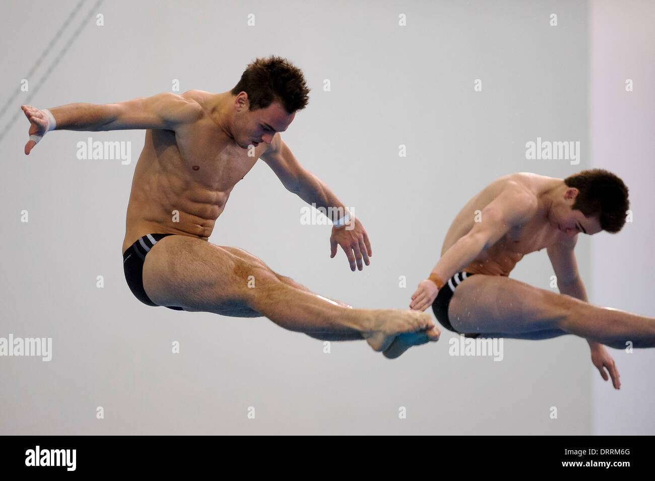 Southend-on-Sea, UK. 31st Jan, 2014. Tom Daley and Daniel Goodfellow of Plymouth Diving compete during the Synchronised Mens 3m Springboard Final on Day 1 of the British Gas Diving National Cup 2014 from Southend Swimming and Diving Centre. Credit:  Action Plus Sports/Alamy Live News Stock Photo