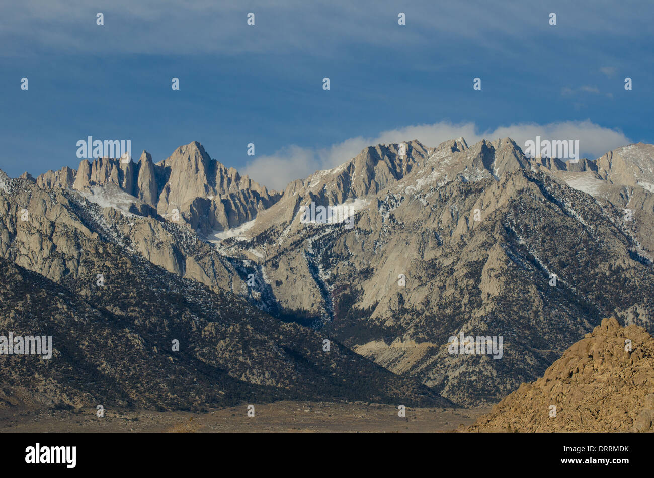 Mt Whitney, the peak on the left, from the Alabama Hills near Lone Pine, CA Stock Photo