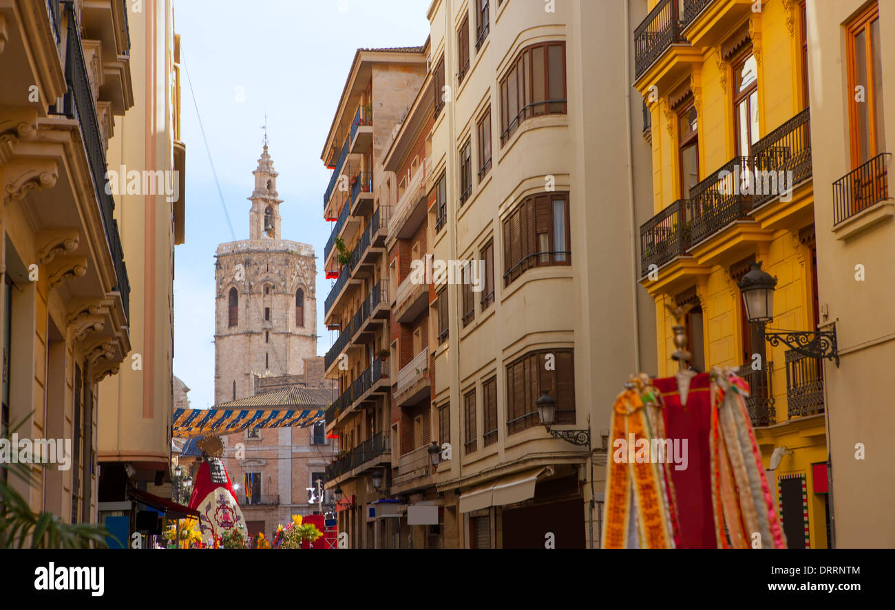 Miguelete Micalet in Valencia in Fallas view from Navellos street Spain Stock Photo