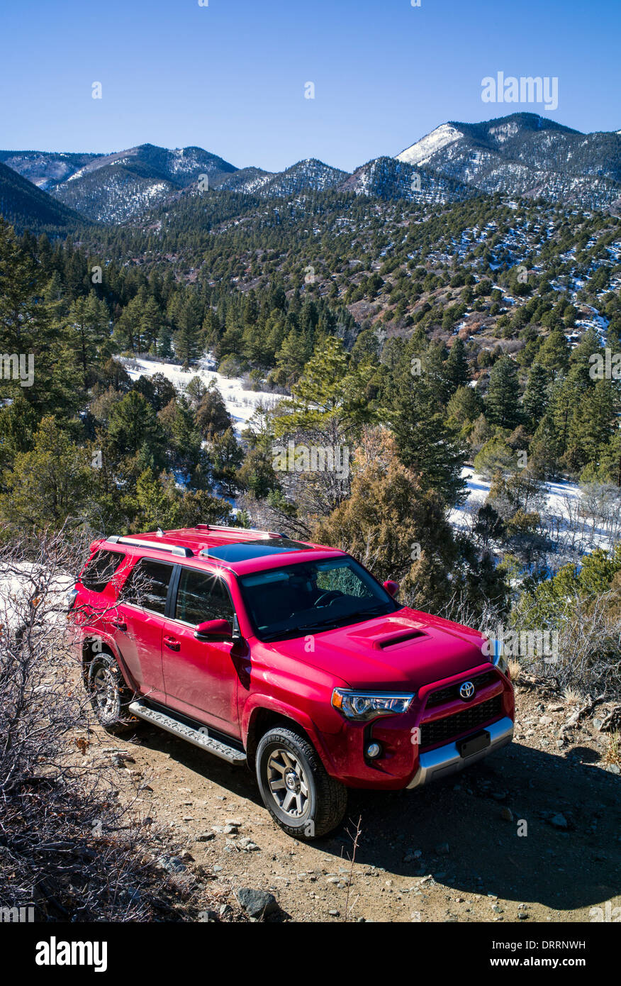 Brand new 2014 Toyota 4Runner Trail Premium on snow covered 4WD road east of Salida, Colorado, USA Stock Photo