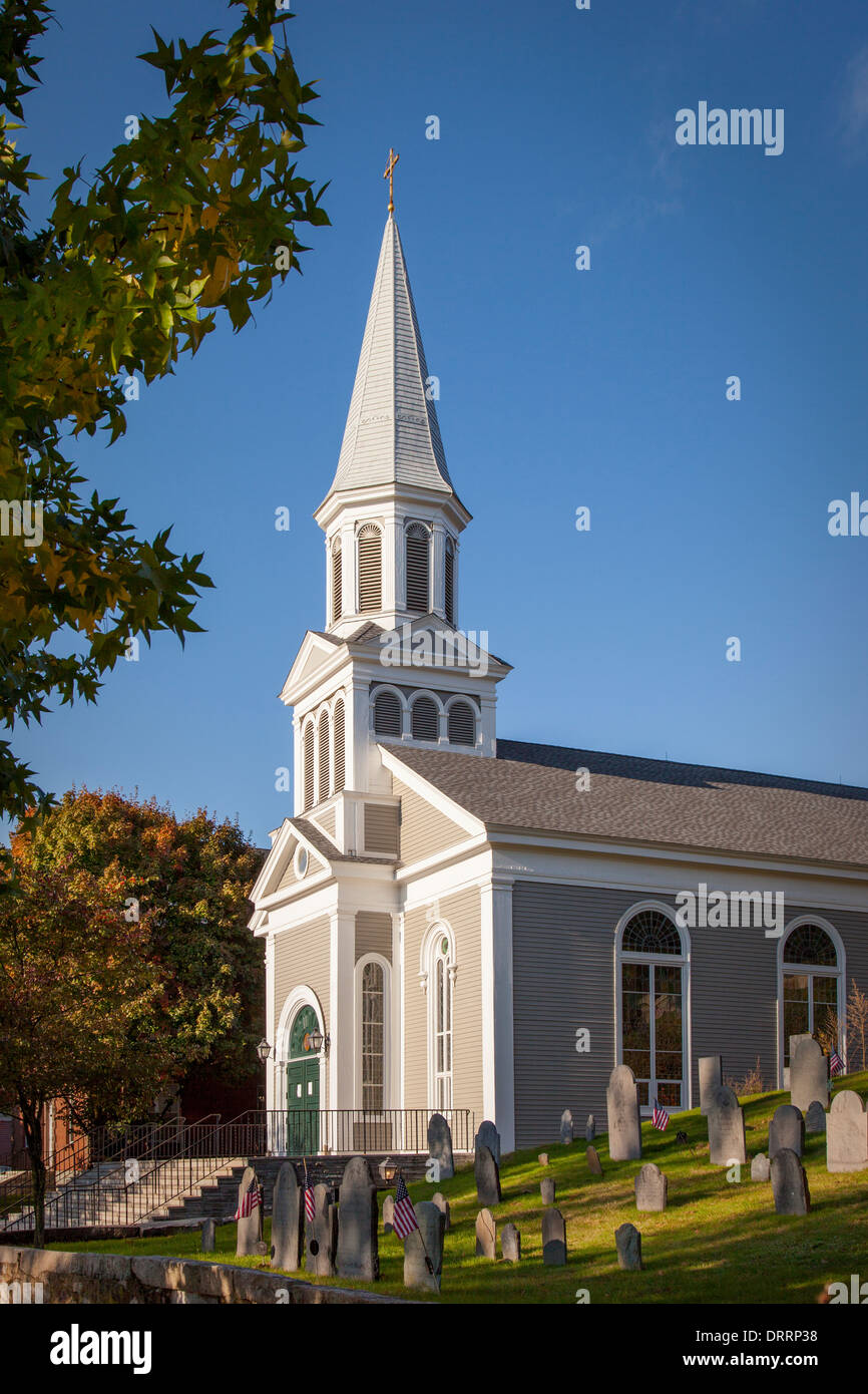 Saint Bernard Catholic Church with Old Hill Burying Ground - the oldest cemetery in Concord Massachusetts USA Stock Photo