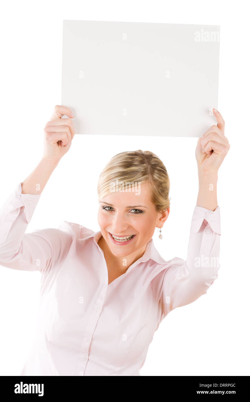 Happy Businesswoman Hold Up Empty Banner Stock Photo Alamy
