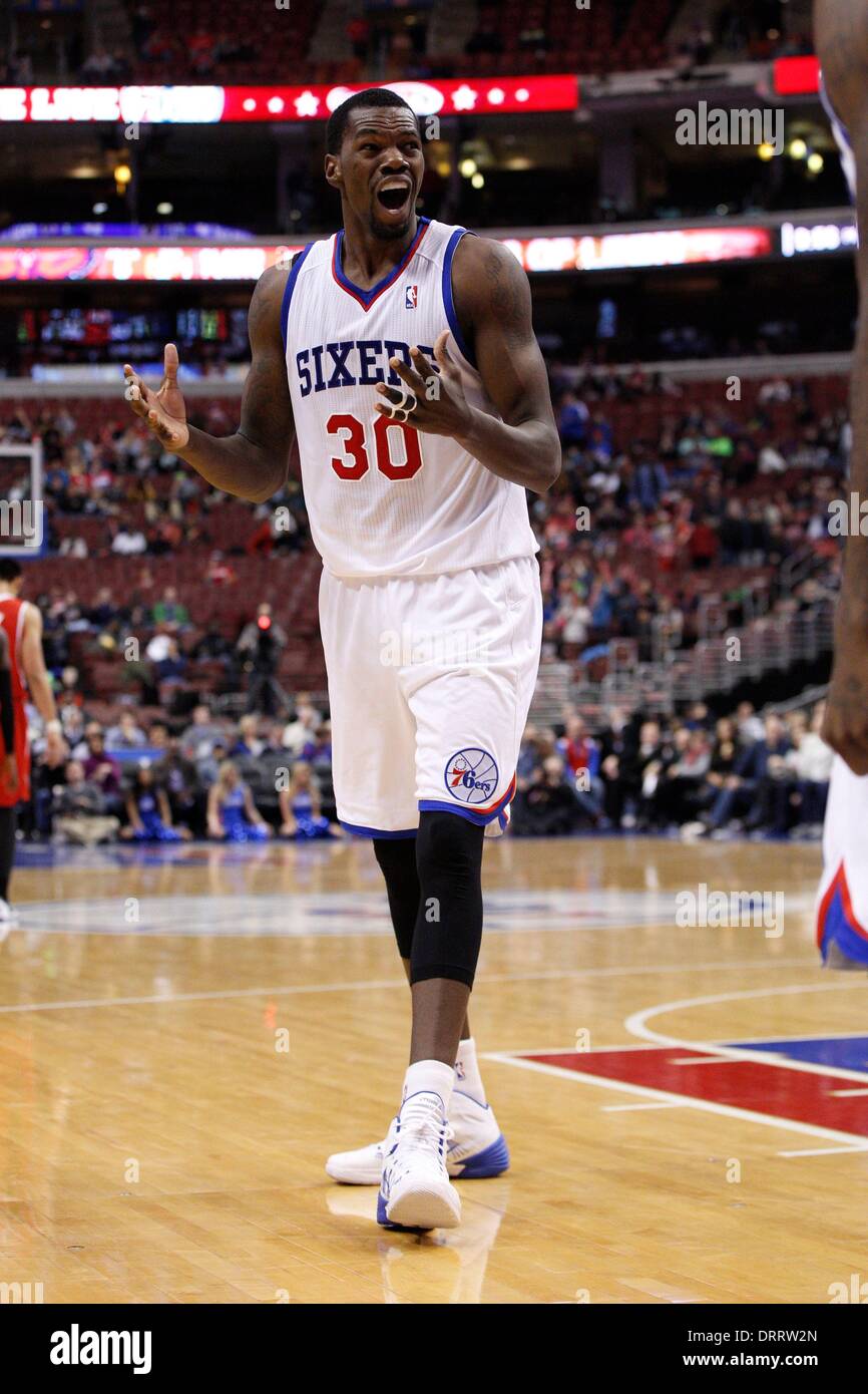 January 31, 2014: Philadelphia 76ers center Dewayne Dedmon (30) reacts to getting his sixth foul and fouled out of the game during the NBA game between the Atlanta Hawks and the Philadelphia 76ers at the Wells Fargo Center in Philadelphia, Pennsylvania. The Hawks won 125-99. (Christopher Szagola/Cal Sport Media) Stock Photo