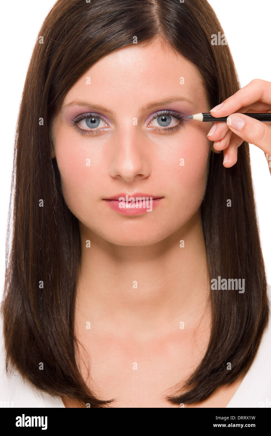 Facial portrait woman apply eye pencil lines Stock Photo Alamy