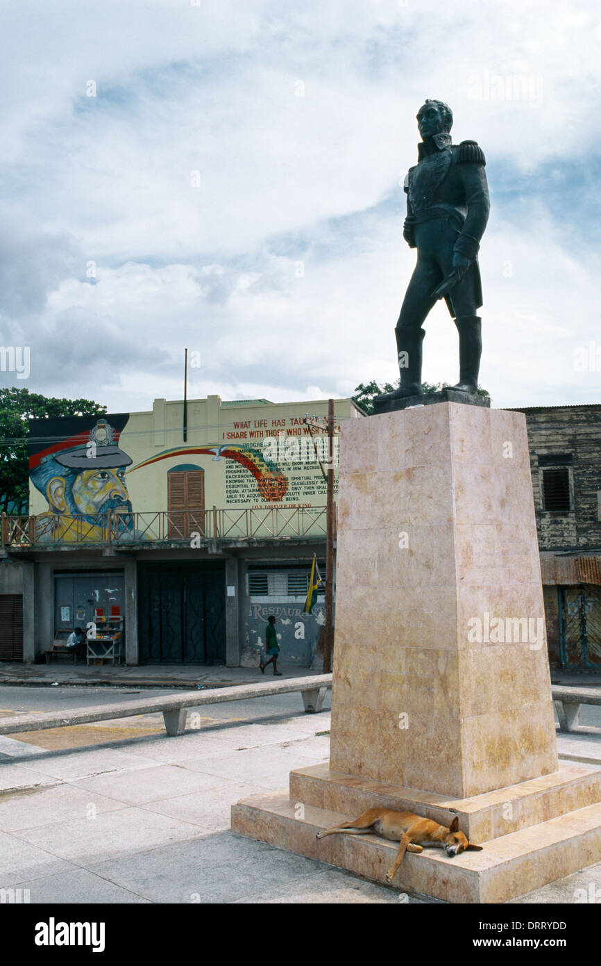 Kingston Jamaica Mural Of Haile Selassie Statue Of Simon Bolivar Stock Photo