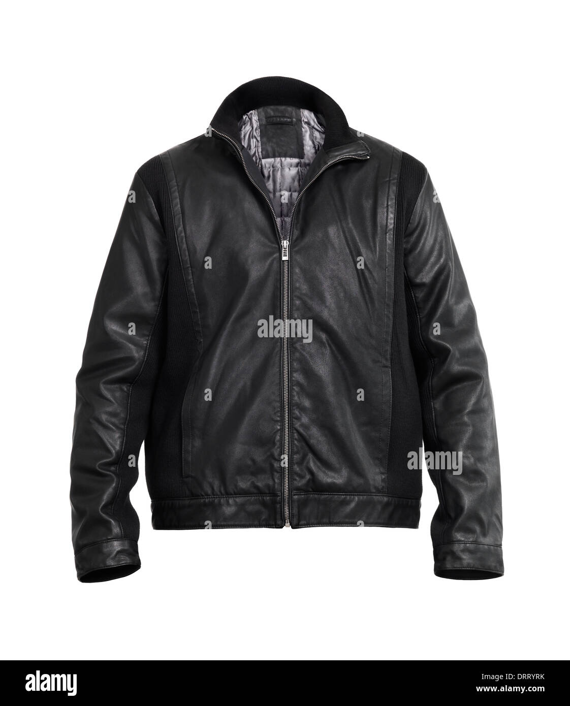Fashionable black leather mens jacket isolated on white background Stock Photo