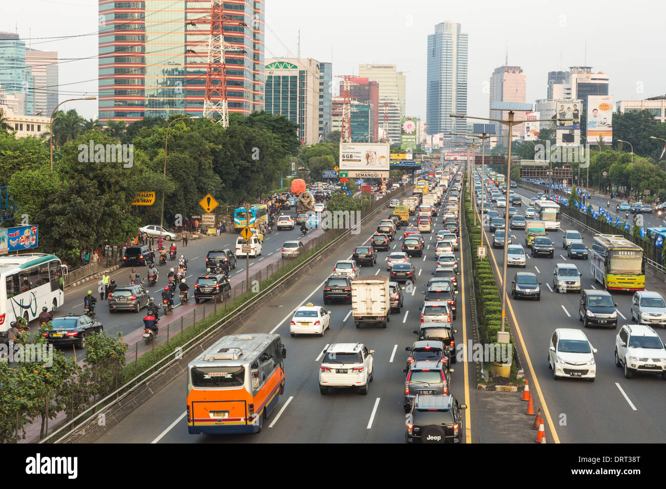 Traffic along Gatot Subroto, one the the major road in central Jakarta, Indonesia Stock Photo