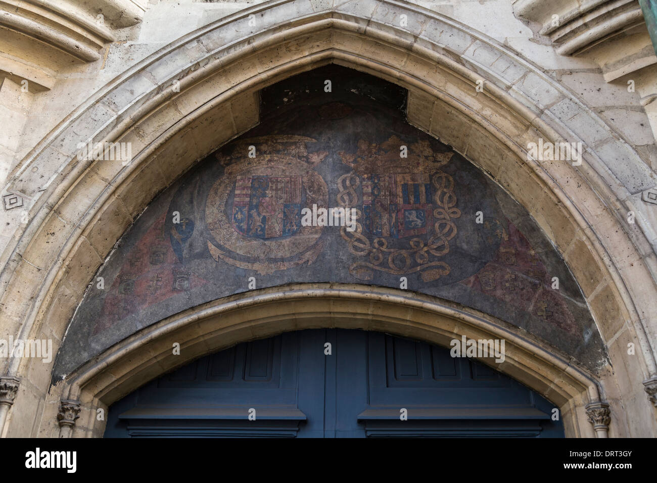 Painted coats of arms of the  Guise family on the facade of the hotel de Clisson (14th century), rue des Archives, Paris, France Stock Photo