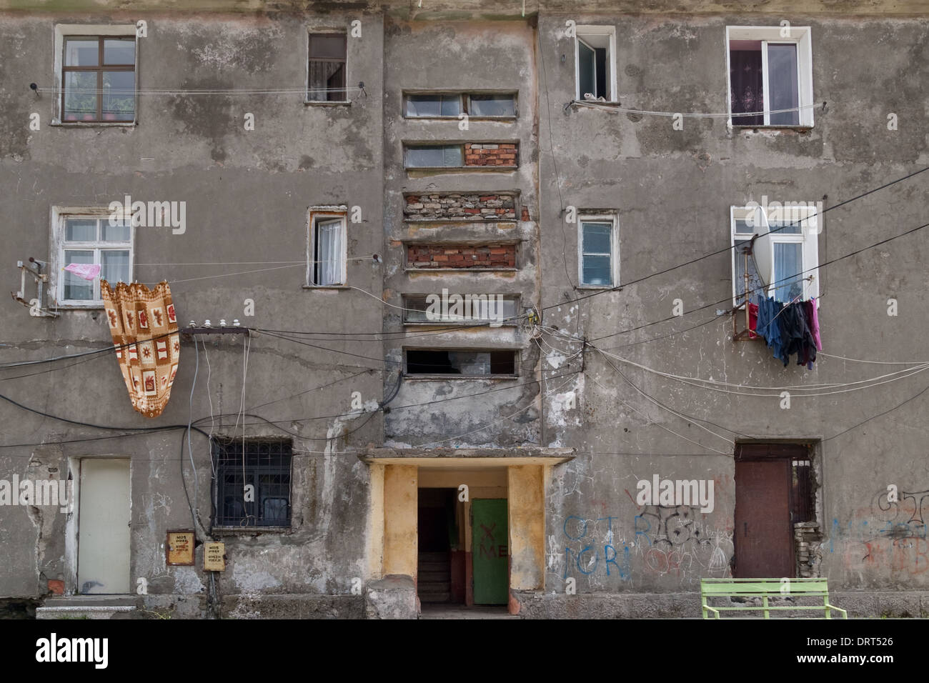 Grey broken facade of an living house in Puke, Albania Stock Photo