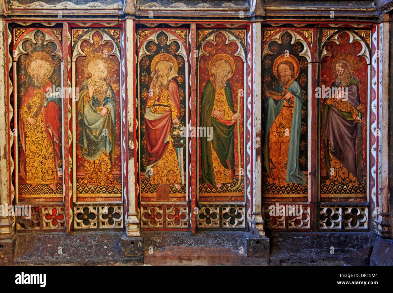 A view of part of the rood screen in the church of St Helen at Ranworth, Norfolk, England, United Kingdom. Stock Photo
