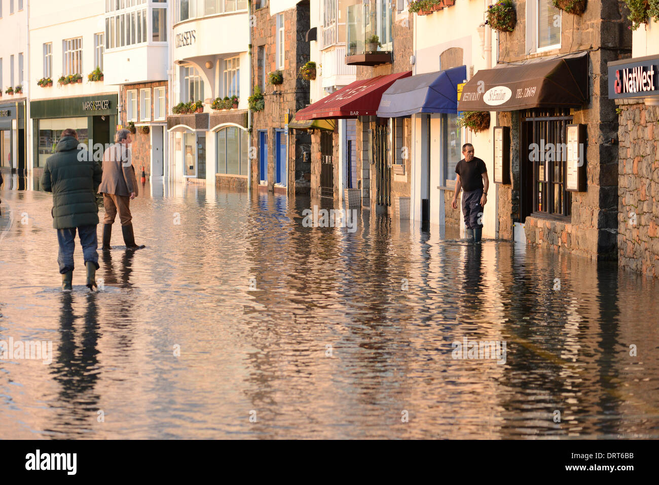 Saint Peter Port, Guernsey, Channel Islands. 1st February 2014. Exceptional high tides and gale force winds cause flooding along coastal roads in Guernsey. More flooding and road closures are expected on Sunday as tides as high as 10.2 metres are forecast. Photo credit Credit:  Robert Smith/Alamy Live News Stock Photo