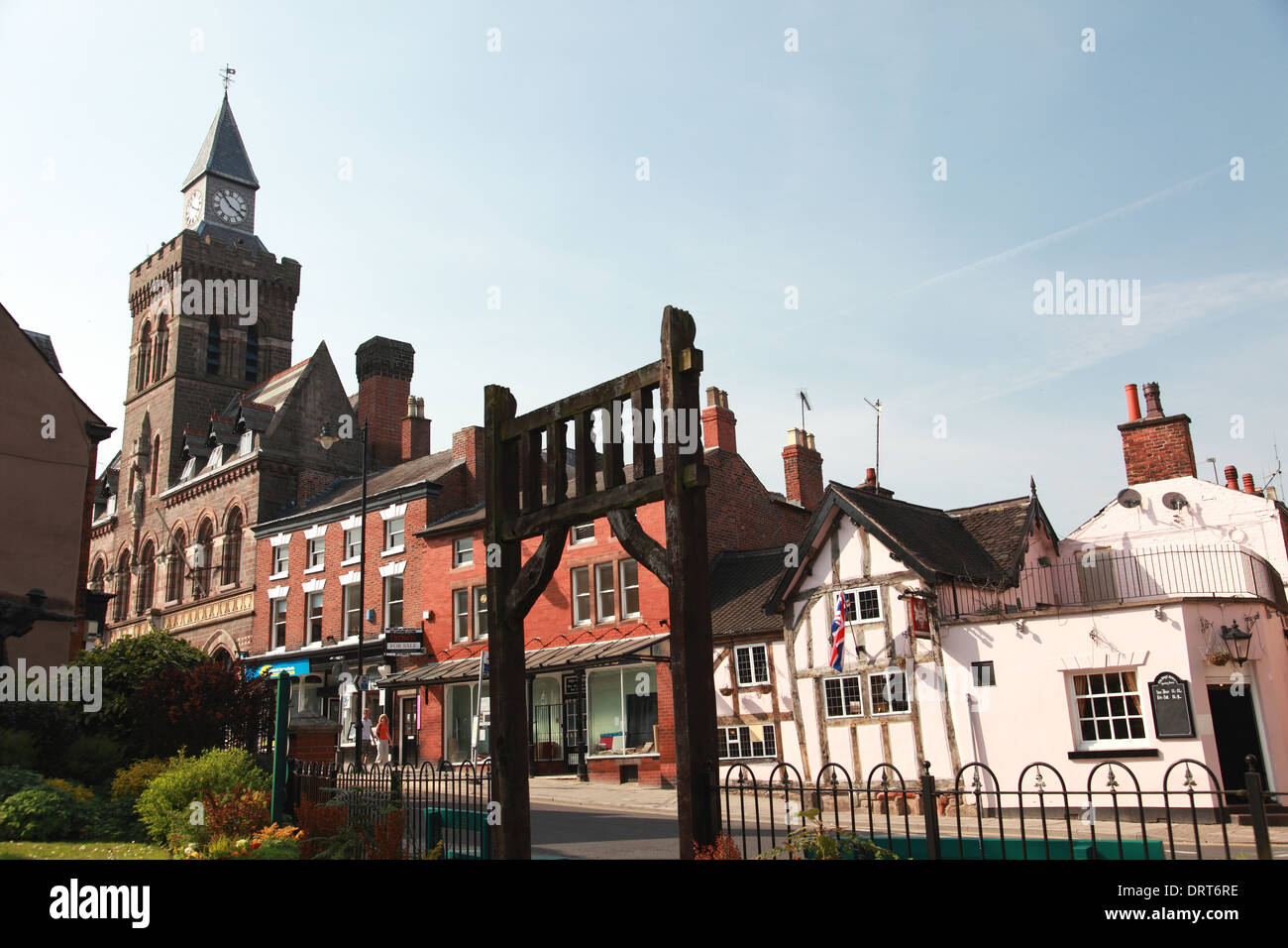 Congleton High Street and the Town Hall, designed in the gothic style by E.W. Godwin in 1866 Stock Photo