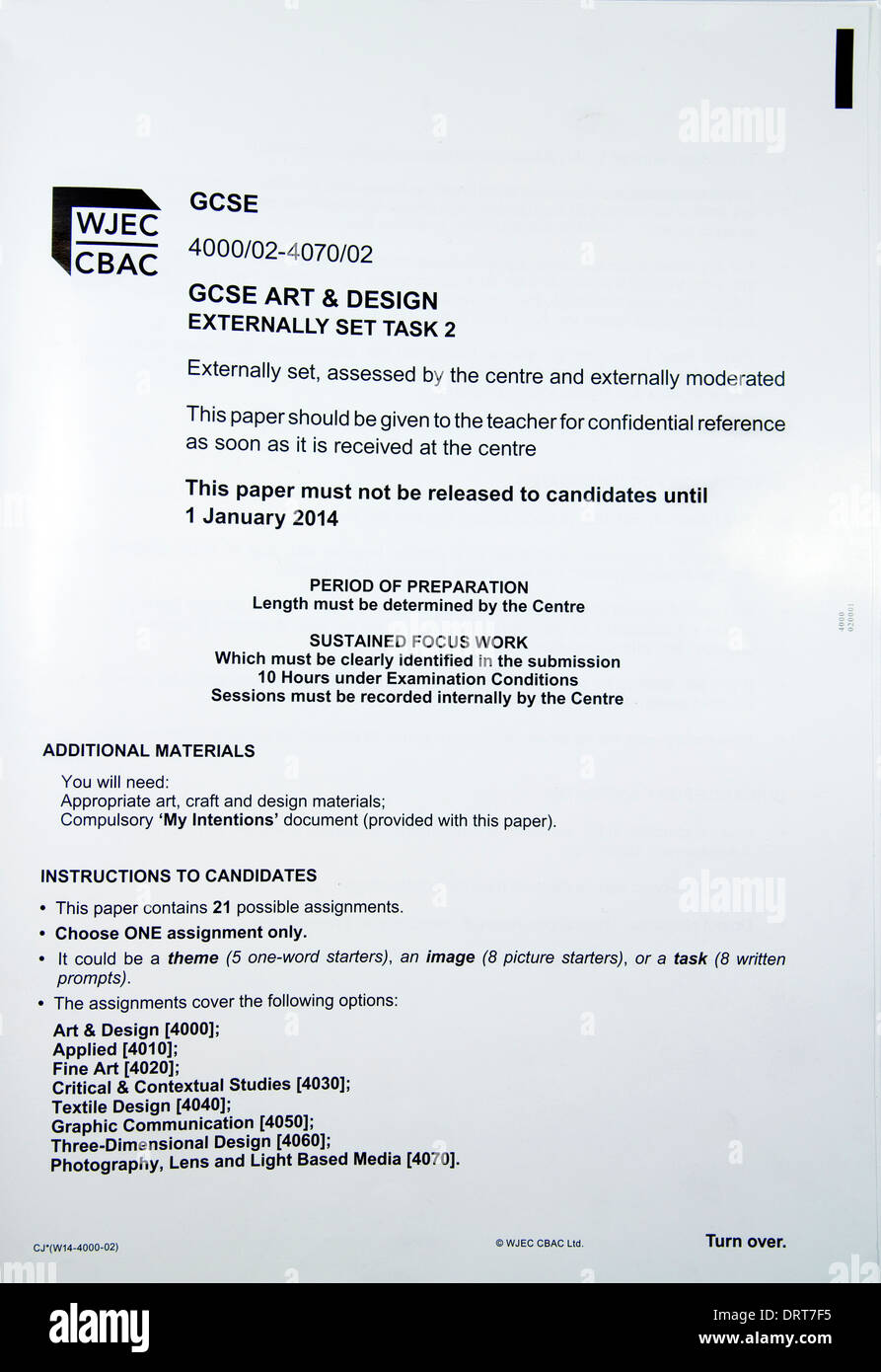 WJEC Art and Design GCSE external task information sheet Stock Photo